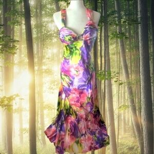 Y2K Halter Criss Cross Back Floral Watercolor Satin Formal Prom Dress Sz XS